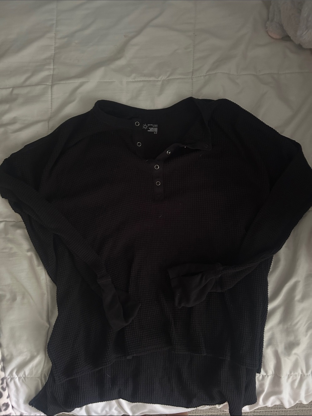 aerie Black Waffle-Knit Henley Sweatshirt